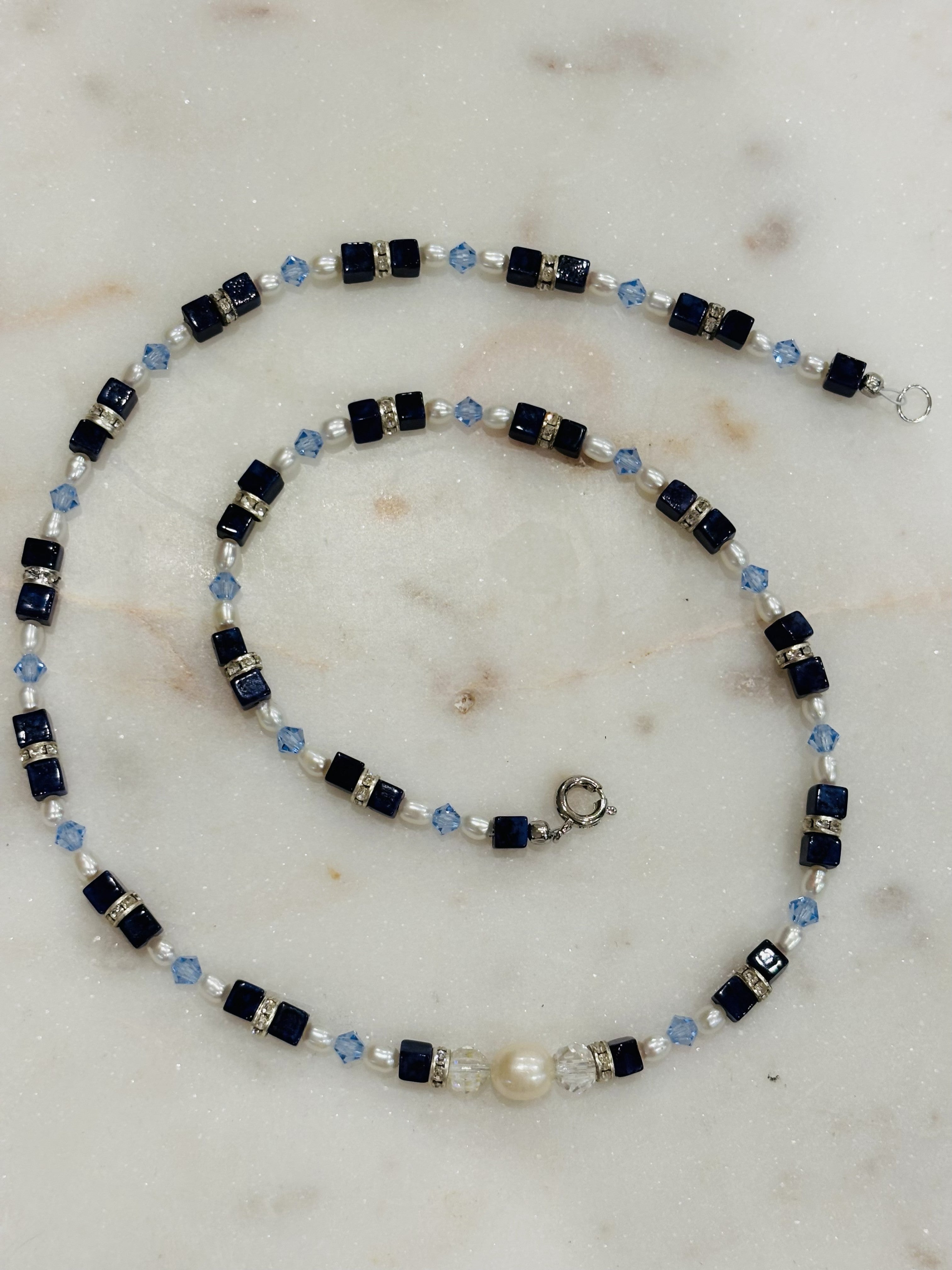 vintage blue sapphire, pearl, crystal and silver necklace