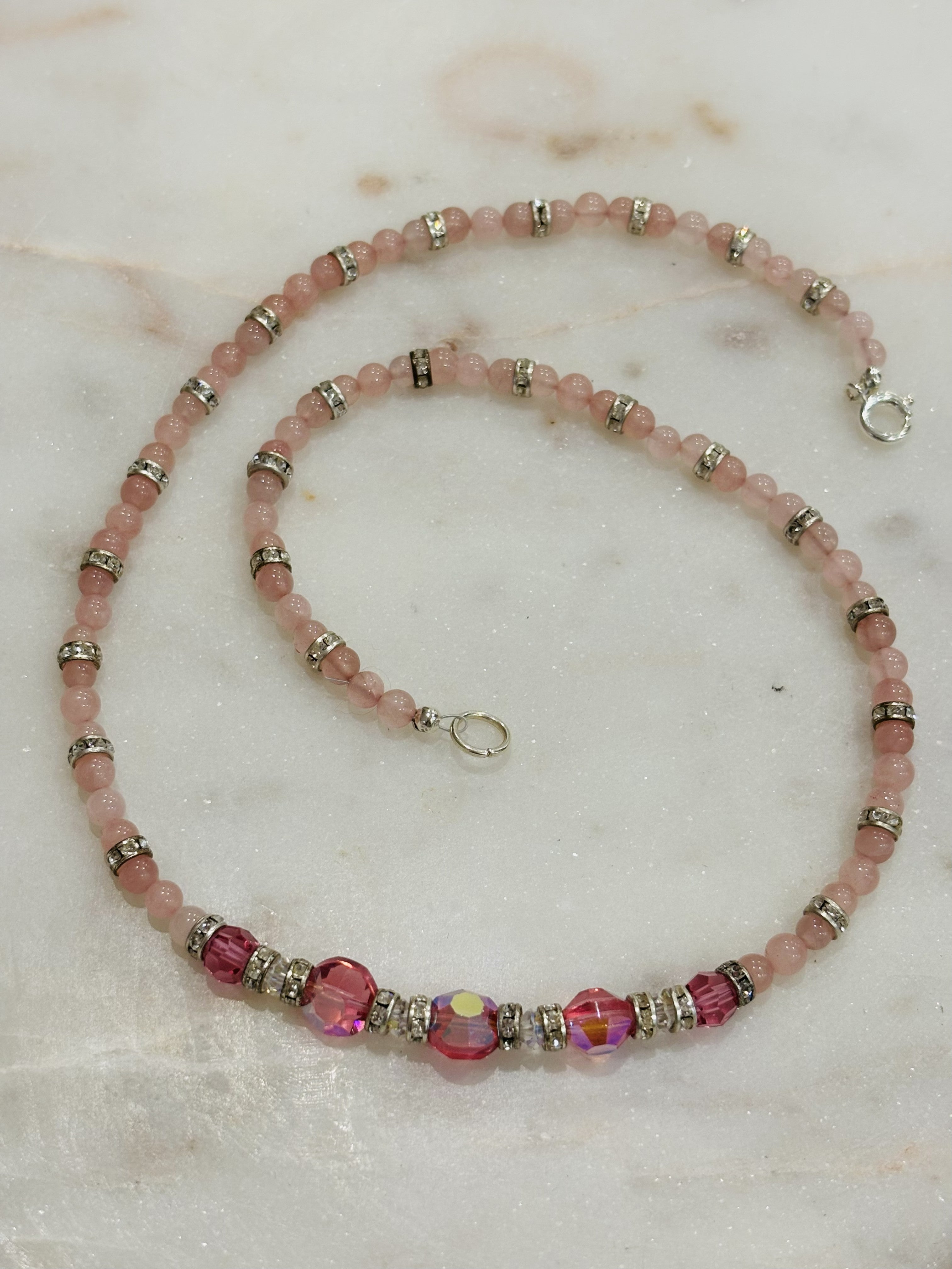 vintage pink quartz, crystal and silver necklace