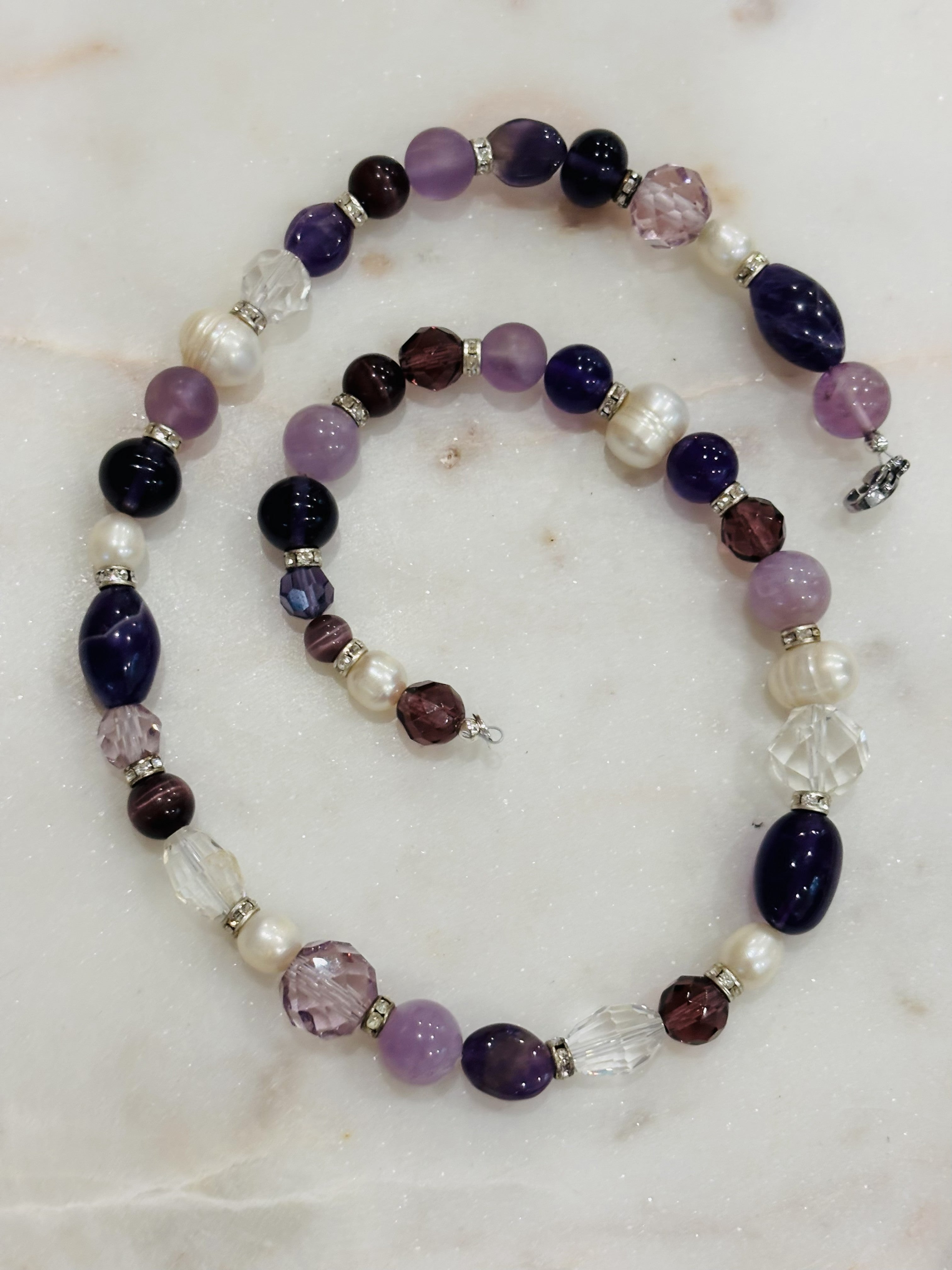 vintage amethyst, quartz, and silver necklace